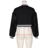 Winter Fashion Black Letter Fake Fur Long Sleeve Zipper Baseball Jacket