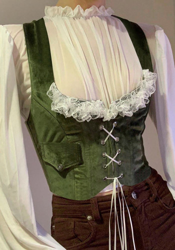Top corsetto con lacci in maglia di pizzo autunnale da donna