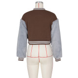 Winter Fashion Brown Letter Fake Fur Long Sleeve Zipper Baseball Jacket
