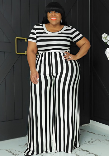 Damen Sommer Plus Size Fashion Stripe Print Casual Set