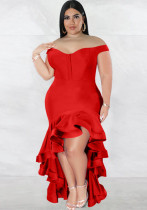 Vestido de volantes con cuello en V para mujer de talla grande Vestido elegante sólido