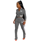 Women's Print Ribbed Neck Sport Casual Two-Piece Set