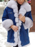 Ladies Fur Denim Long Sleeve Coat