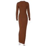 Women's Fall Solid Round Neck Long Sleeve Ribbed Slim Evening Chic Maxi Dress