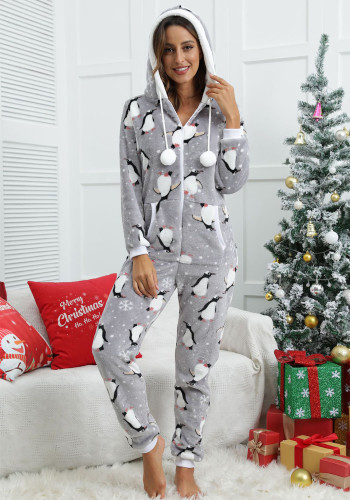 Señoras Christmas Fawn Snowflake Flannel Hooded Onesie Pijamas Loungewear
