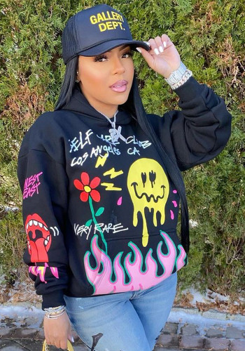 Fall Winter Signature Print Plus Size Hoodies with Pockets
