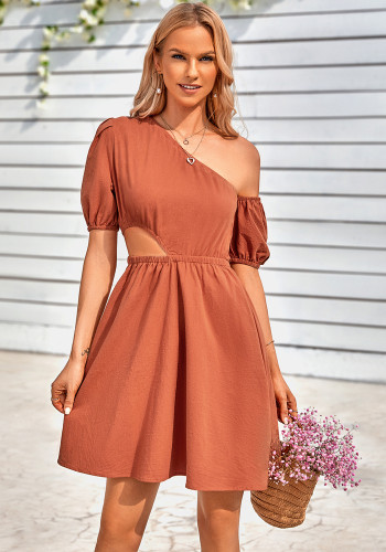 Spring Summer Women'S Casual Slash Shoulder Cutout Solid Color Slim Waist Dress