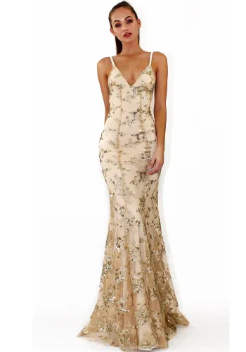 Women'S Straps Evening Dress V-Neck Low Back Sequin Tie Gown