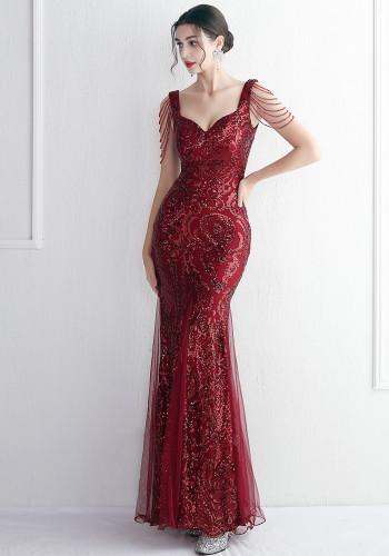 Шикарное элегантное длинное вечернее платье из сетки с бисером Длинное вечернее платье для вечеринок