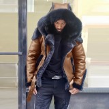 Winter Men'S Pu Leather Wool One-Piece Short Coat Hooded Men'S Jacket