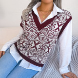 Autumn And Winter Christmas Snowflake Pattern V-Neck Knitting Vest Sweater Women'S Clothing