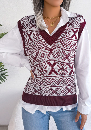 Herbst und Winter Weihnachten Schneeflocke Muster V-Ausschnitt Strickweste Pullover Damenbekleidung