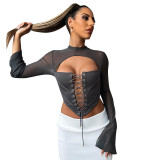 Women'S Fall Solid Casual Low Back Round Neck Long Sleeve Lace-Up Mesh Slim Top