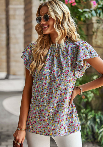 Весенне-летняя женская свободная повседневная рубашка с цветочным принтом и круглым вырезом