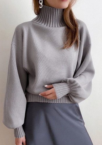 Suéter casual feminino outono inverno cor sólida manga bufante gola alta
