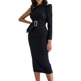 Chic Career Style Slash Shoulder One Shoulder Solid Color Slit Elegant Midi Dress With Belt