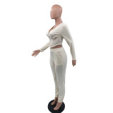 Women'S Solid Color Long-Sleeved V-Neck Zipper Two-Piece Pants Set