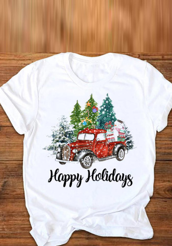 Noel Tatili Parti T-Shirt Kadın Merry Christmas Desen Kısa Kollu Beyaz Günlük Üst