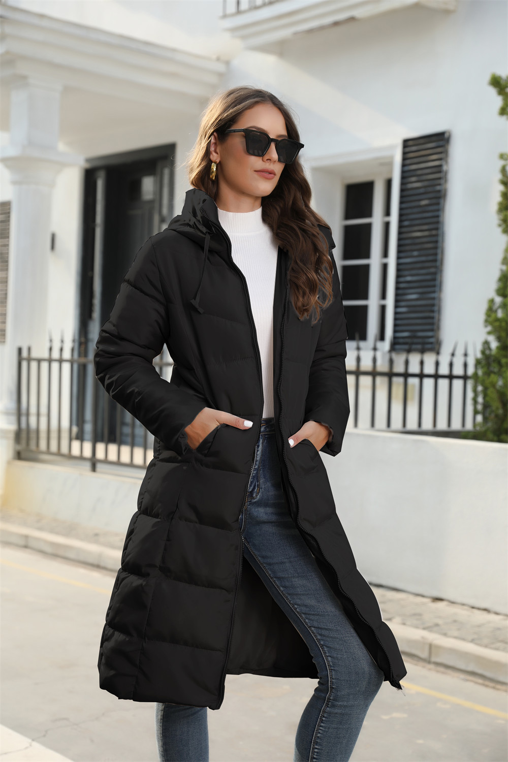 Women's Dressy Hooded Wool-Blend Belted Midi Coat