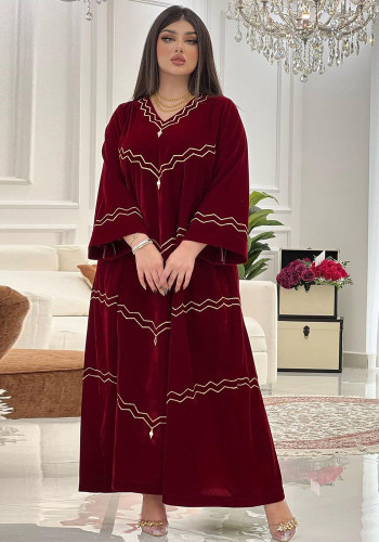 Muslim Abaya Women'S Autumn And Winter Embroidery Gold Velvet Maxi Dress