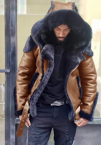 Winter Men'S Pu Leather Wool One Piece Short Coat Hooded Men'S Jacket