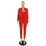 Women'S Solid Color Ruffled Deep V Top And Trousers Two-Piece Suit