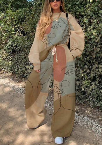 Blusa feminina casual decote redondo e calça estampada em duas peças