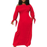 Women Solid Color Long Sleeve Pocket Dress