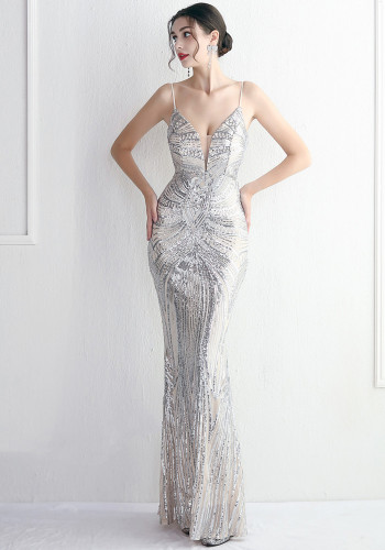 Plus SizeMulherElegant Sequin Backless Fishtail Dress Vestido de noite