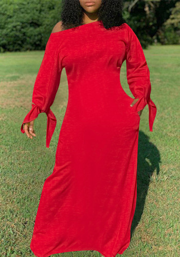 Vestido feminino de manga comprida com bolso de cor sólida