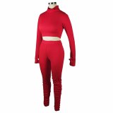 Women Stretch Ribbed Turtleneck Finger Top +Stacked Pant Two Piece
