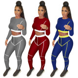 Women Casual Solid Round Neck Long Sleeve Top+Pant Two Piece