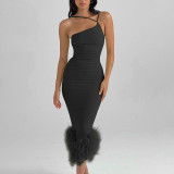 Women Fall One Shoulder Halter Neck with Fake Fur Maxi Dress