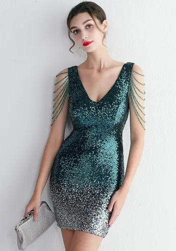 WomensElegant Gradient Sequins V Neck Mini Evening Dress