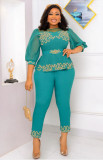 Women Solid Color Five Point Puff Sleeve Top And Pant Two Piece