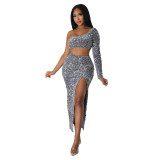 Women Slash Shoulder Cutout Long Sleeve Slit Sequin Sexy Bodycon Dress