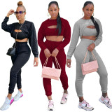 Women Solid Stretch Ribbed Long Sleeve Tank Tops Three-Piece