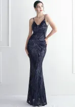 WomenElegant Sequin Backless Fishtail Evening Dress