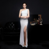 Plus Size Women Elegant Sequin One Shoulder Slit Evening Dress
