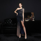 Plus Size Women Elegant Sequin One Shoulder Slit Evening Dress