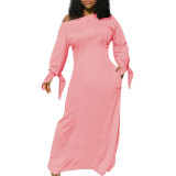 Women Solid Color Long Sleeve Pocket Dress
