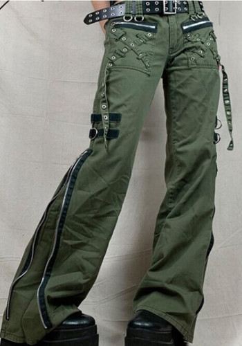 Pantalones de pierna ancha informales de mezclilla con abertura y cremallera de tiro bajo alternativo punk para mujer