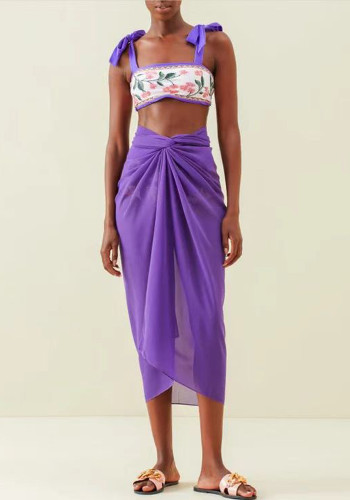 Traje de baño de tres piezas ajustado para mujer Color Block Print Beach Sunwear