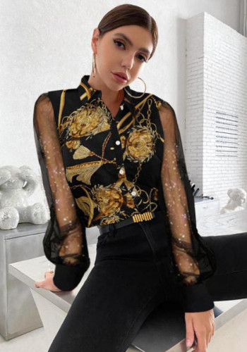 Print Long Sleeve Black Turndown Collar Single Breasted Chic Career Blouse