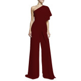 Spring Summer Women's Casual Sexy One Shoulder Wide Leg Jumpsuit