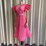 Summer solid color pleated flying sleeves high waist dress