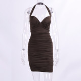 Halter Neck Dress Women's Sexy Pleated Low Back Tight Fitting Bodycon Dress