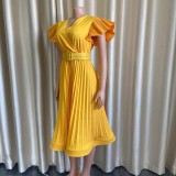 Summer solid color pleated flying sleeves high waist dress