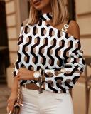 Autumn and Winter Long Sleeve Chain Halter Neck Print Button Decoration Top Women