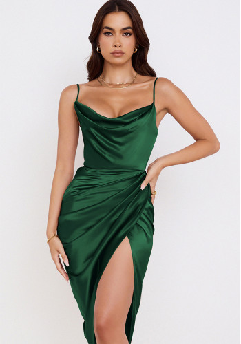 High slit suspender sexy satin pile collar pleated Low Back dress